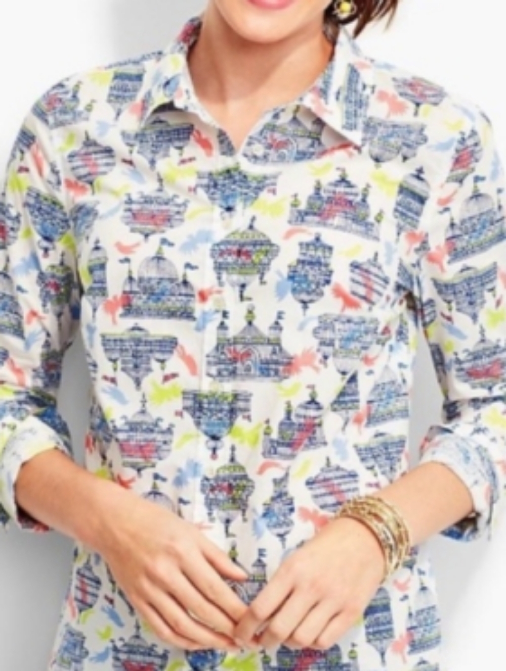 Talbots Women’s 100% Cotton White Navy Blue Birdcage Print Button-Up Shirt XL